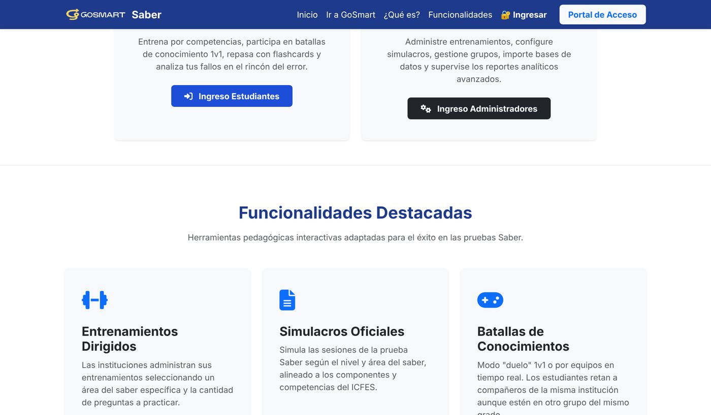 Portales de acceso y funcionalidades de GoSmart Saber