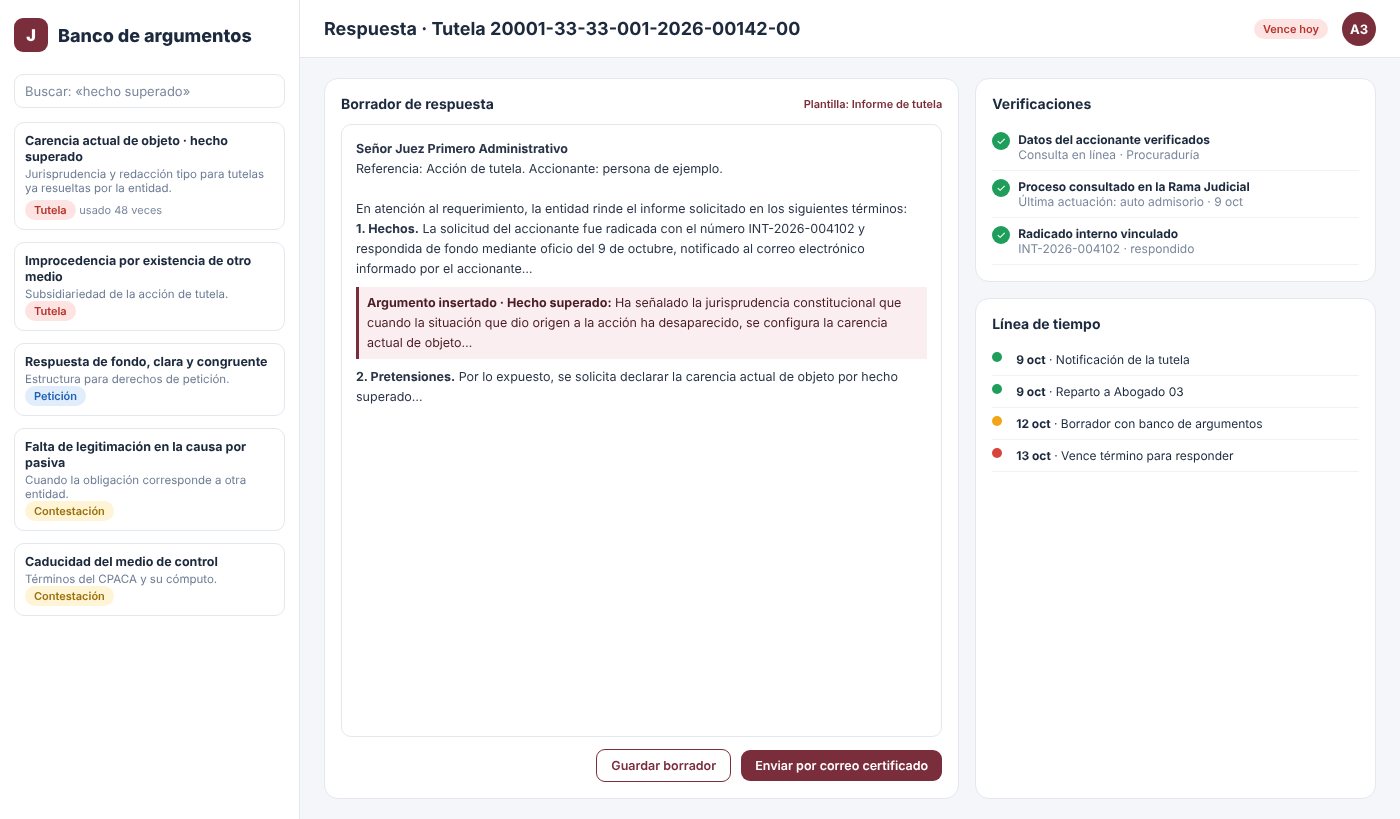 Borrador de respuesta de tutela con argumento insertado desde el banco de argumentos, verificaciones y línea de tiempo (imagen ilustrativa)