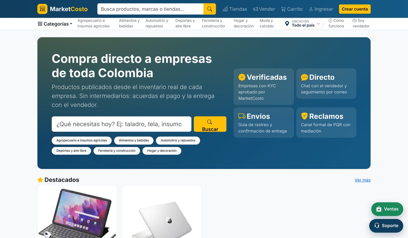 Página de inicio del marketplace MarketCosto