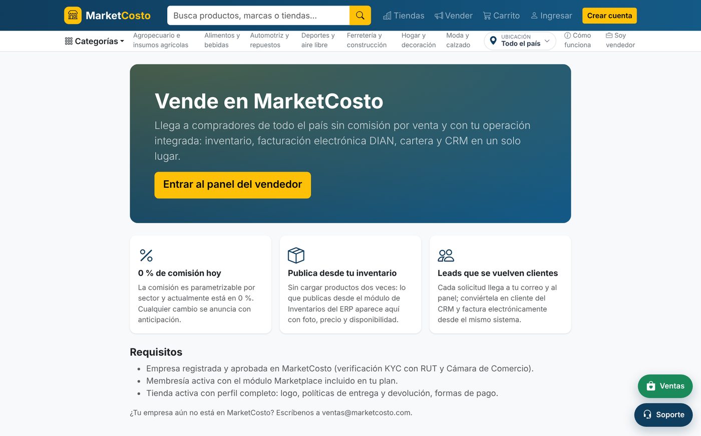 Página para vendedores de MarketCosto