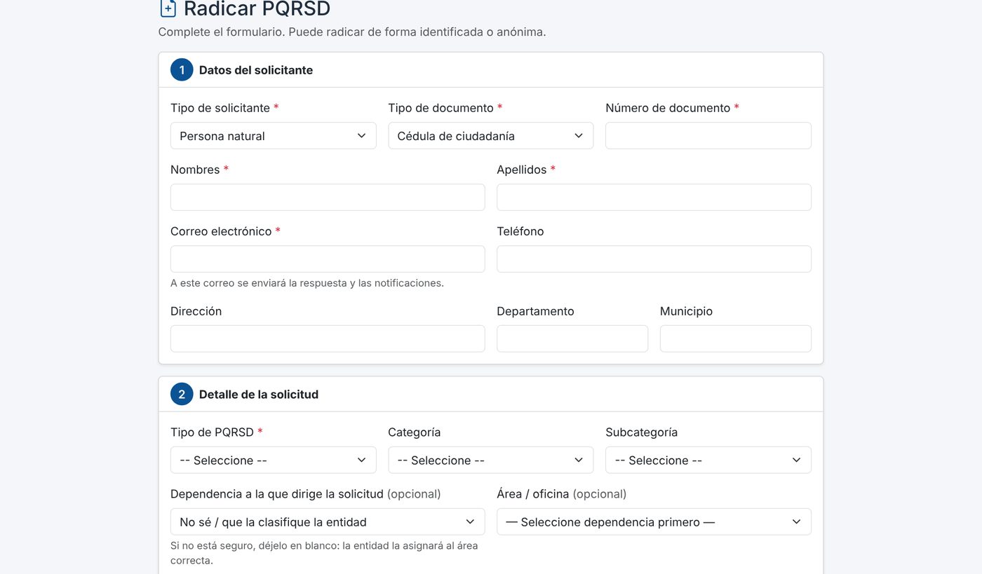 Formulario de radicación de PQRSD (imagen ilustrativa)