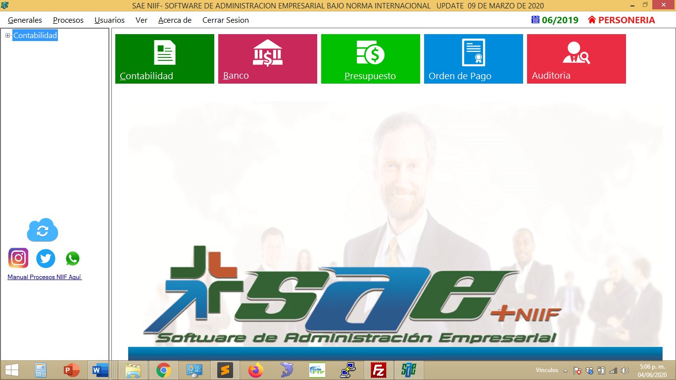 Pantalla principal de SAE + NIIF con los módulos de contabilidad, banco, presupuesto, orden de pago y auditoría